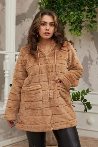 Plus Size Long Brown Plush Coat with Pocket Detail - 1