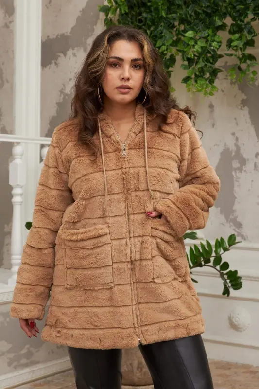 Plus Size Long Brown Plush Coat with Pocket Detail - BÜYÜKBEDENIZ