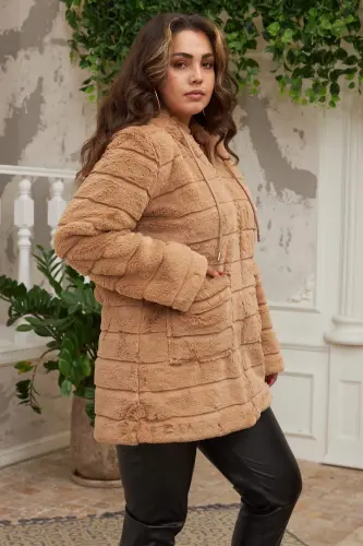 Plus Size Long Brown Plush Coat with Pocket Detail - BÜYÜKBEDENIZ (1)