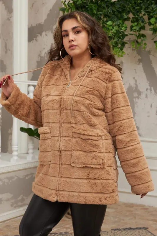 Plus Size Long Brown Plush Coat with Pocket Detail - 3