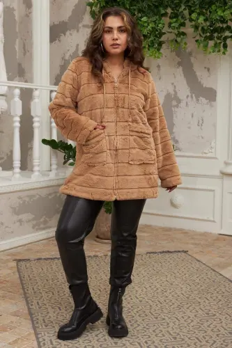 Plus Size Long Brown Plush Coat with Pocket Detail - 5
