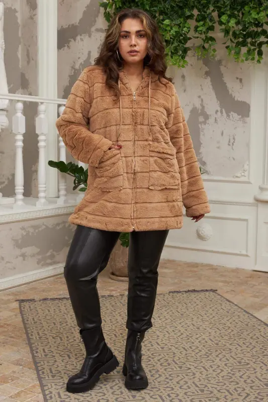 Plus Size Long Brown Plush Coat with Pocket Detail - 5