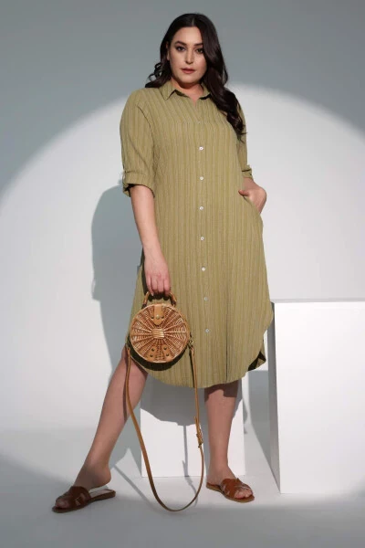 Plus Size Long Khaki Shirt Dress - BÜYÜKBEDENIZ