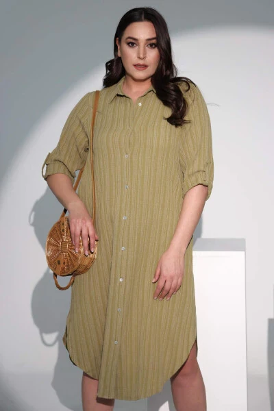 Plus Size Long Khaki Shirt Dress - BÜYÜKBEDENIZ (1)