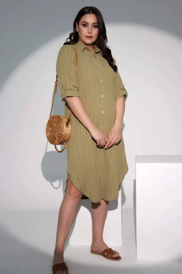 Plus Size Long Khaki Shirt Dress - 3