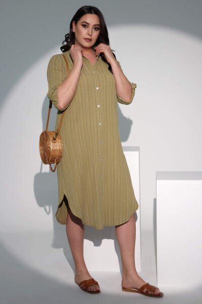Plus Size Long Khaki Shirt Dress - 5
