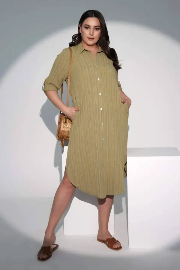 Plus Size Long Khaki Shirt Dress - 6