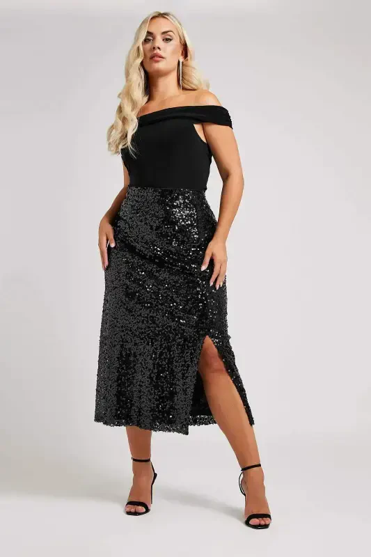 Plus Size Long Sequin Slit Black Skirt GLS6001 - BÜYÜKBEDENIZ