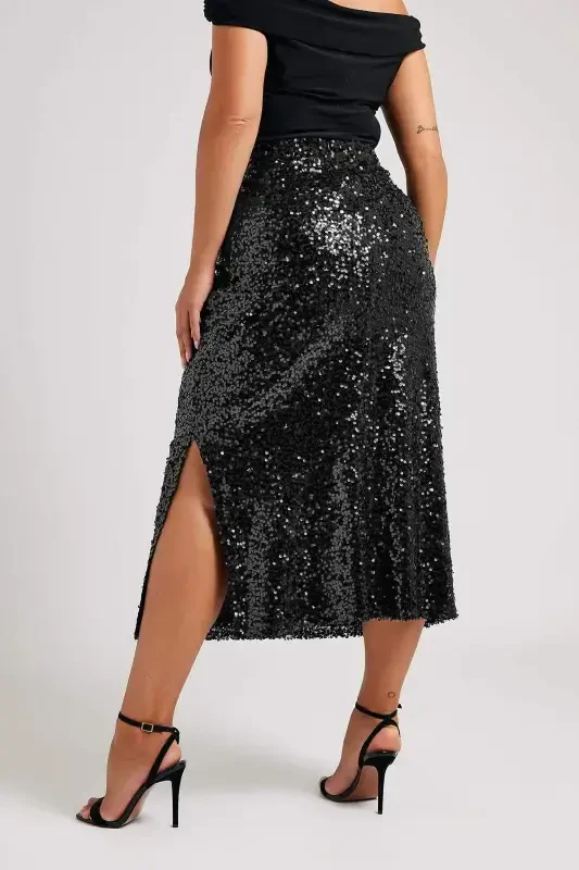 Plus Size Long Sequin Slit Black Skirt GLS6001 - 2