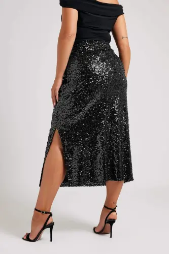 Plus Size Long Sequin Slit Black Skirt GLS6001 - BÜYÜKBEDENIZ (1)