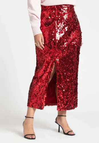 Plus Size Long Sequin Slit Maroon Skirt GLS6001 - BÜYÜKBEDENIZ (1)