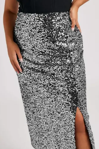 Plus Size Long Sequin Slit Silver Skirt GLS6001 - 1