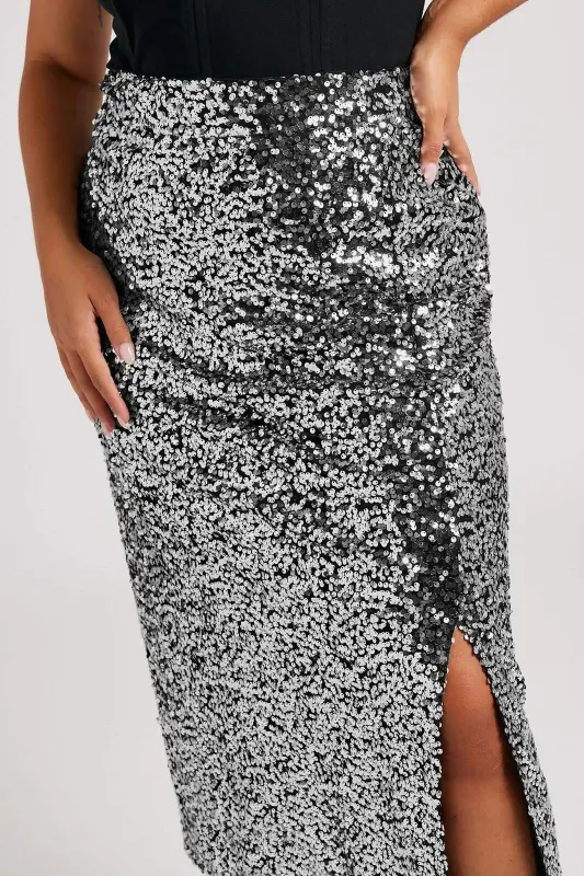 Plus Size Long Sequin Slit Silver Skirt GLS6001 - BÜYÜKBEDENIZ