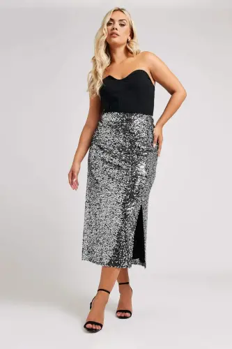 Plus Size Long Sequin Slit Silver Skirt GLS6001 - BÜYÜKBEDENIZ (1)