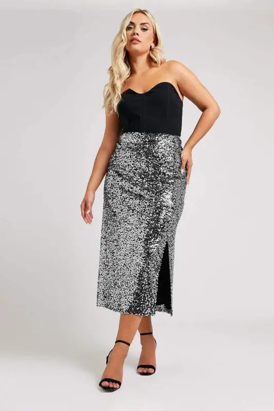 Plus Size Long Sequin Slit Silver Skirt GLS6001 - 2