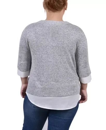 Plus Size Long Sleeve 2-In 1 Top-Heather Gray White - 2
