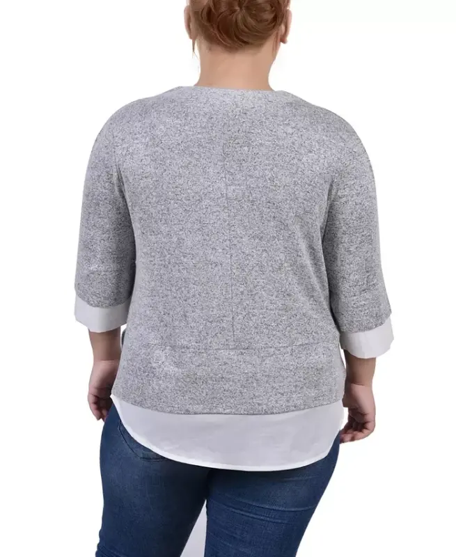 Plus Size Long Sleeve 2-In 1 Top-Heather Gray White - 2