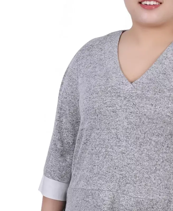 Plus Size Long Sleeve 2-In 1 Top-Heather Gray White - 4