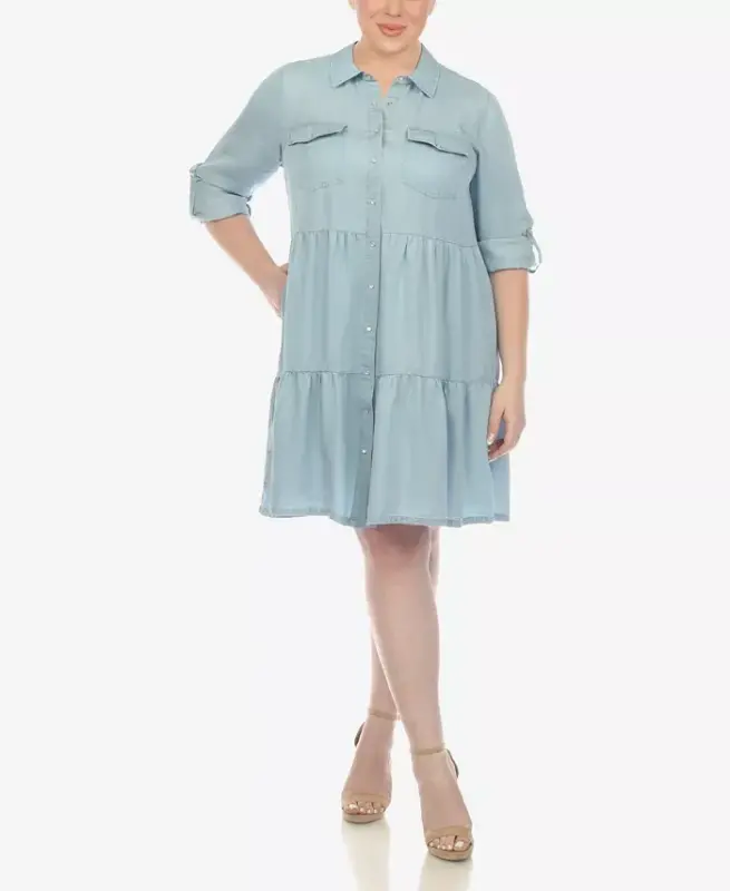 Plus Size Long Sleeve Tiered Midi Shirt Dress - 5