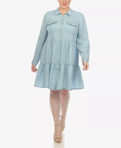 Plus Size Long Sleeve Tiered Midi Shirt Dress Denim Blue - 1