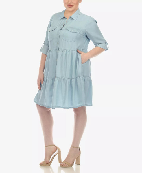 Plus Size Long Sleeve Tiered Midi Shirt Dress Denim Blue - 3