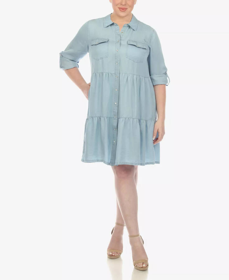 Plus Size Long Sleeve Tiered Midi Shirt Dress Denim Blue - 5