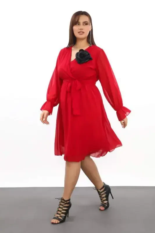 Plus Size Loose and Flexible Short Red Chiffon Dress KL3086 - BÜYÜKBEDENIZ