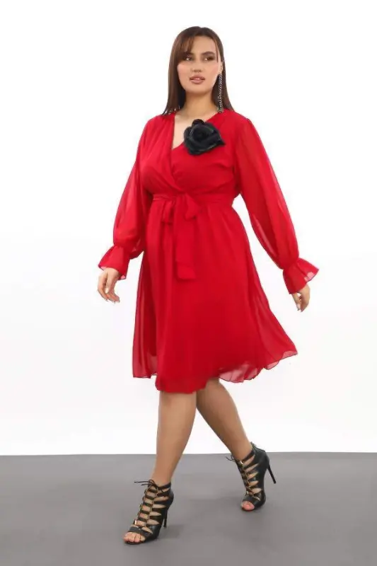 Plus Size Loose and Flexible Short Red Chiffon Dress KL3086 - 1