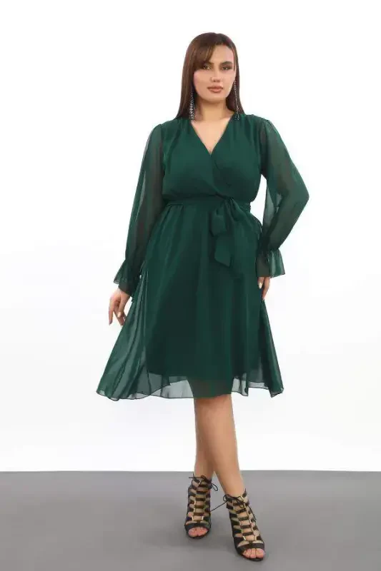 Plus Size Loose and Flowy Short Green Chiffon Dress KL3086 - BÜYÜKBEDENIZ