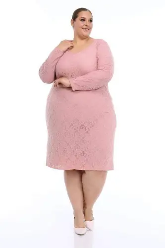 Plus Size Lycra Lace Powder Evening Dress KL15154 Powder - 1
