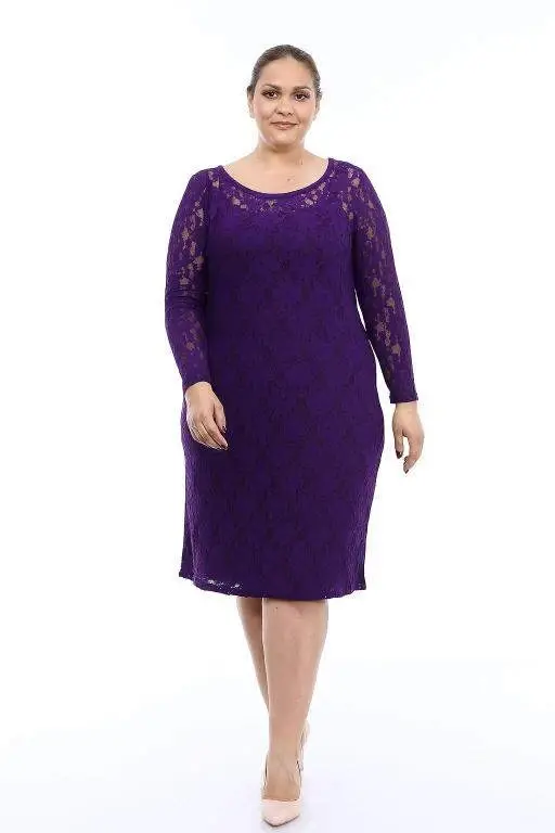 Plus Size Lycra Lace Purple Evening Gown KL15154 Purple - BÜYÜKBEDENIZ