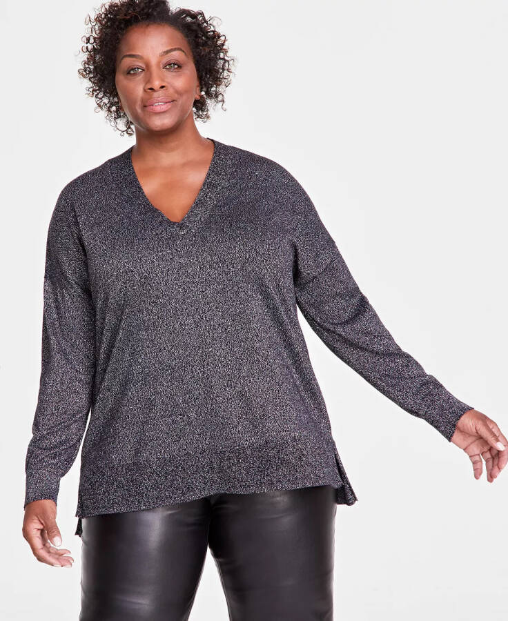 Plus Size Metallic-Knit V-Neck Sweater, Created for Modazone Black - 1