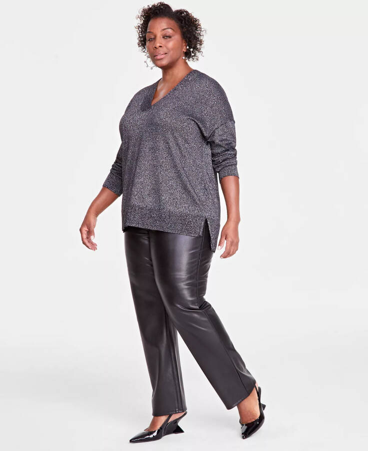 Plus Size Metallic-Knit V-Neck Sweater, Created for Modazone Black - 2