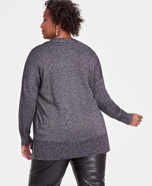 Plus Size Metallic-Knit V-Neck Sweater, Created for Modazone Black - 4