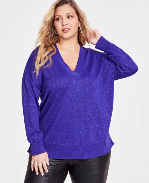 Plus Size Metallic-Knit V-Neck Sweater, Created for Modazone Deep Iris - 1