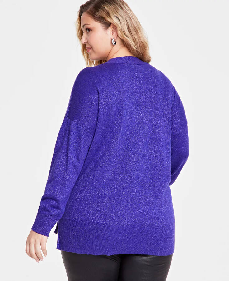 Plus Size Metallic-Knit V-Neck Sweater, Created for Modazone Deep Iris - 2