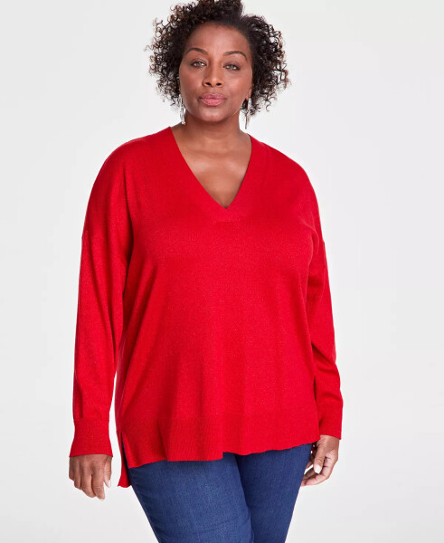 Plus Size Metallic-Knit V-Neck Sweater, Created for Modazone Red - 1