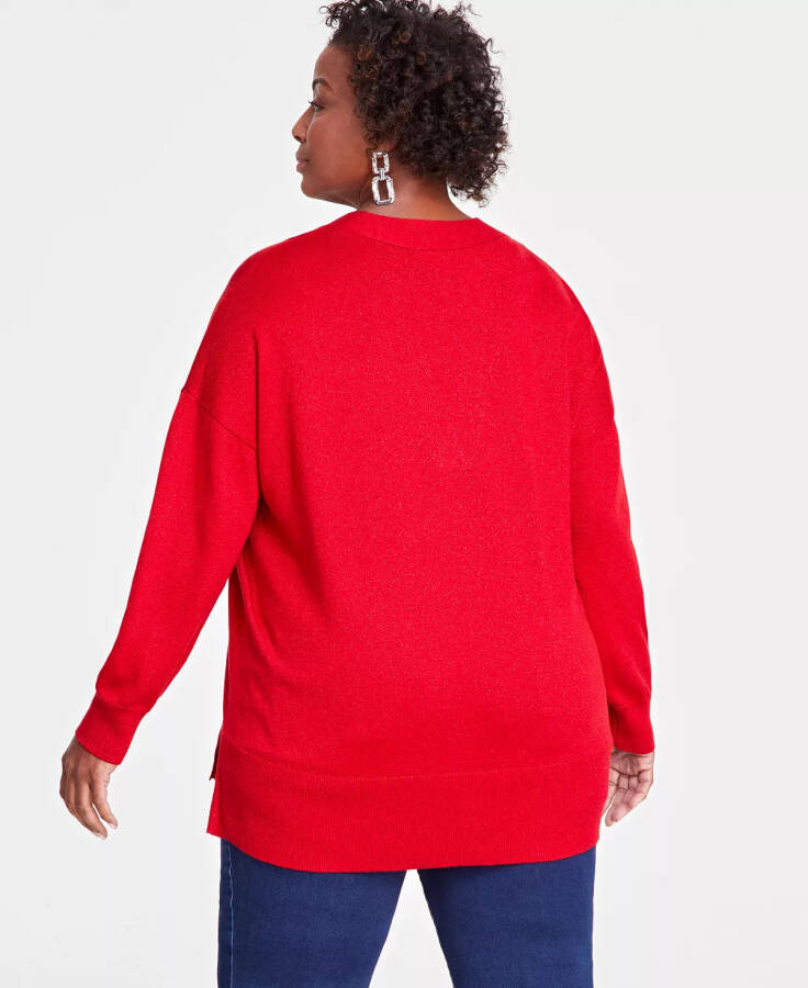 Plus Size Metallic-Knit V-Neck Sweater, Created for Modazone Red - 2