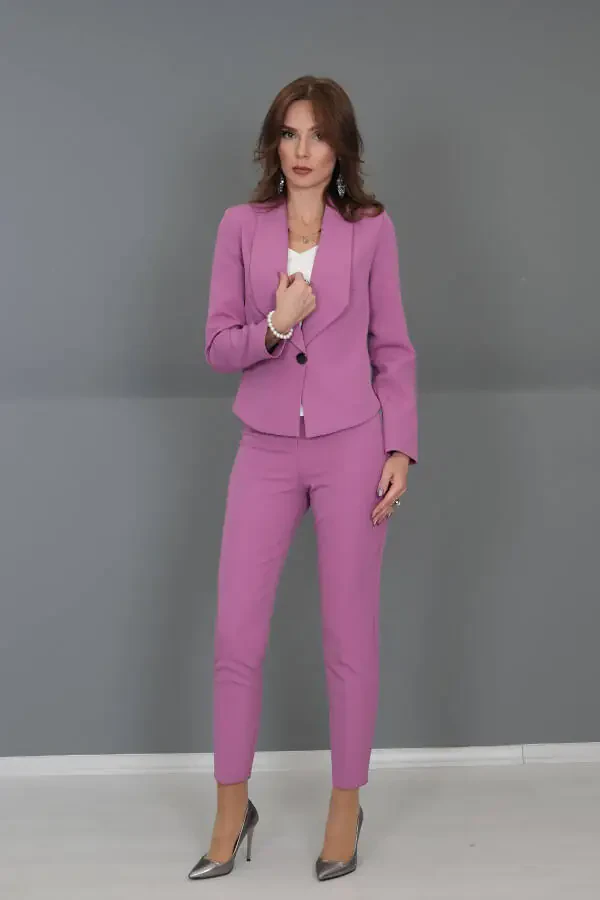 Plus Size Mini Jacket & Wide Leg Pants Set - Lilac - 11