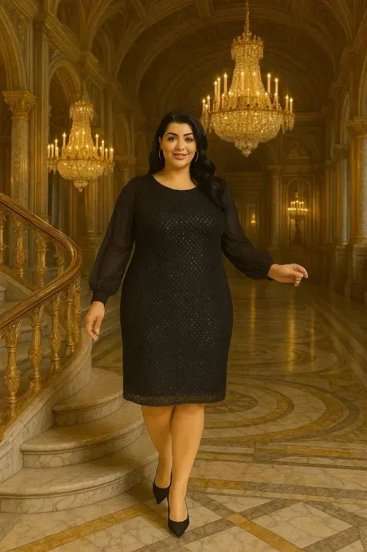 Plus Size Mini Sequin Chiffon Sleeve Evening Dress KL3113 Black - 1