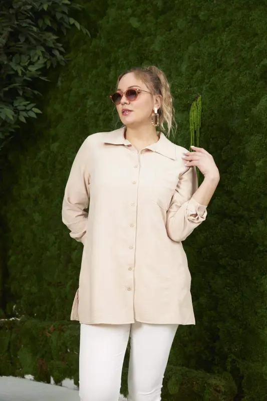 Plus Size Mink Shirt with Side Slit Detail - 1