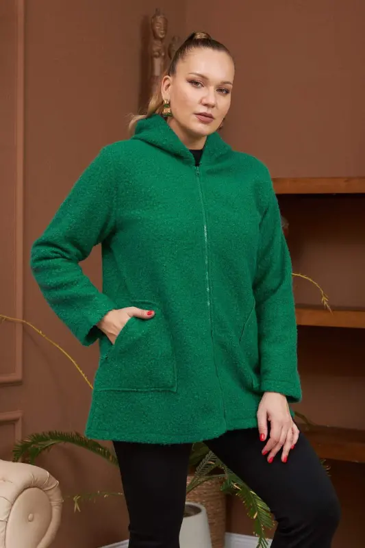 Plus Size Mint Curly Coat with Pocket Detail - BÜYÜKBEDENIZ