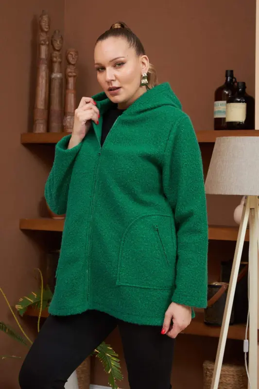 Plus Size Mint Curly Coat with Pocket Detail - 2