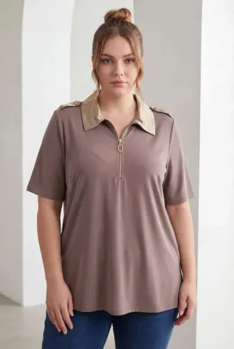 Plus Size Modal Blouse with Shoulder Epaulettes and Zipper Mink - 1