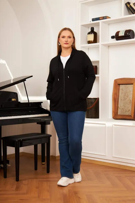 Plus Size Modal Sweatshirt Cardigan Black - 1