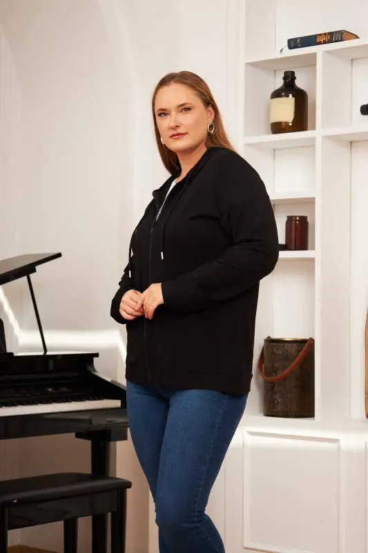 Plus Size Modal Sweatshirt Cardigan Black - 2