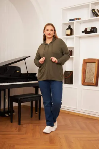 Plus Size Modal Sweatshirt Cardigan Khaki - 8
