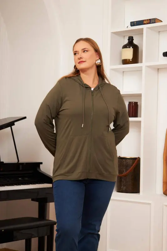 Plus Size Modal Sweatshirt Cardigan Khaki - 1