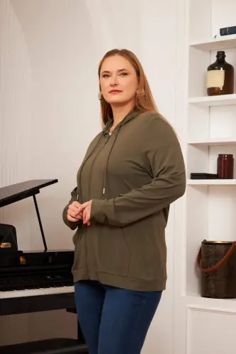 Plus Size Modal Sweatshirt Cardigan Khaki - BÜYÜKBEDENIZ (1)