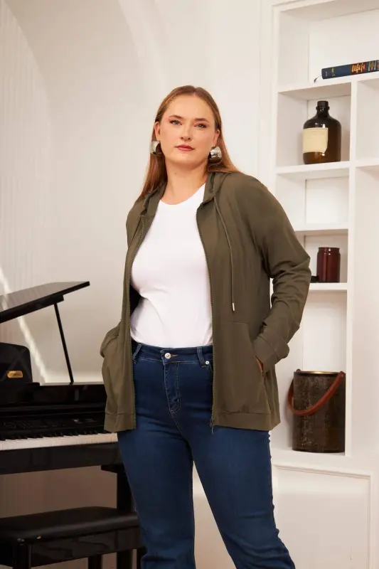 Plus Size Modal Sweatshirt Cardigan Khaki - 3